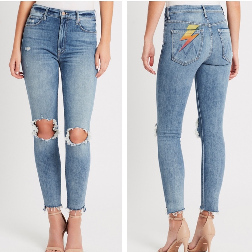 MOTHER Blue Skinny Jeans with Colorful Lightning Bolt
